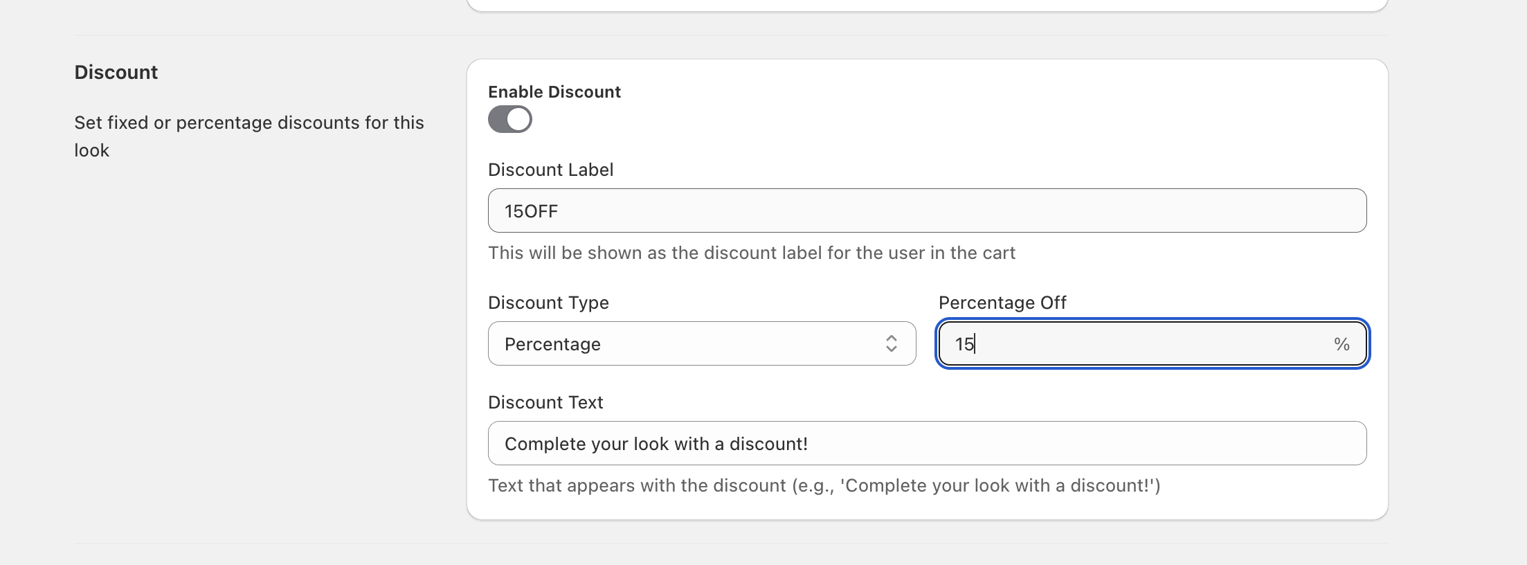 Product Look Discount Configuration
